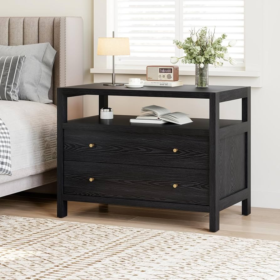 32" W Black\u2011Finish Large Nightstand with 2 Drawers Open Shelf for Bedroom | Amazon (US)
