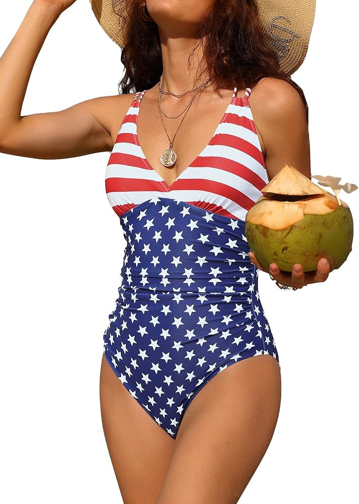 Charmo Tummy Control One Piece Swimsuits for Women Ruched Bathing Suits Strappy V Neck Monokini | Amazon (US)