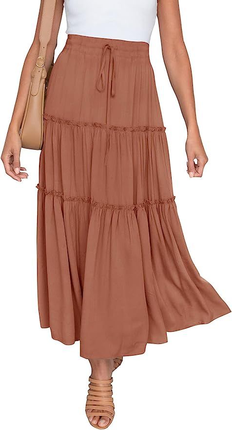 LEANI Women’s Elastic High Waist Boho Maxi Skirt Ruffle A Line Swing Long Skirts | Amazon (US)