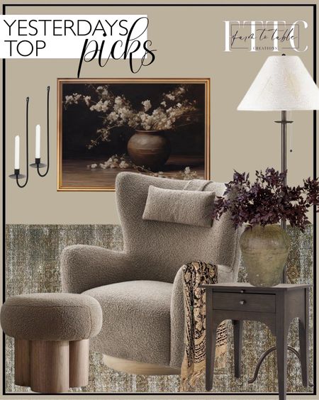 Yesterday’s Top Picks. Follow @farmtotablecreations on Instagram for more inspiration.

Loloi Amber Lewis x Billie Tobacco Rust Area Rug. Colette Swivel Armchair Castlery. Palma Arched Nightstand Dark Brown - Threshold designed with Studio McGee. Iron Floor Lamp. Chinese Storage Jar Vase. Afloral Plum/Burgundy Stems. Moody Floral in Vintage Vase | PRINTABLE ART | Vintage Artwork. Metal Wall Candle Sconce Holder Set of 2 Wall Mount Candle Holders Modern Wall Candle Sconces. Round Footstool Ottoman Teddy Stool Small Upholstered Ottoman Shoe Changing Foot Stool. Handmade Handblock Throw  

Amazon Home | Target Sale | Loloi Rugs | Magnolia Home | console table | console table styling | faux stems | entryway space | home decor finds | neutral decor | entryway decor | cozy home | affordable decor |  | home decor | home inspiration | spring stems | spring console | spring vignette | spring decor | spring decorations | console styling | entryway rug | cozy moody home | moody decor | neutral home

#LTKFindsUnder50 #LTKSaleAlert #LTKHome