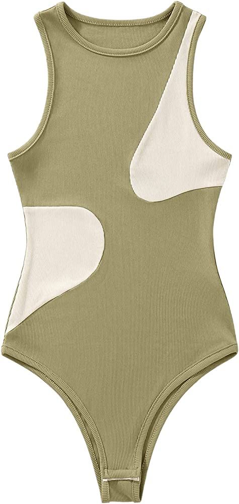 SweatyRocks Women's Ribbed Knit Colorblock Bodysuit Sleeveless Round Neck Tank Tops Bodysuit for ... | Amazon (US)