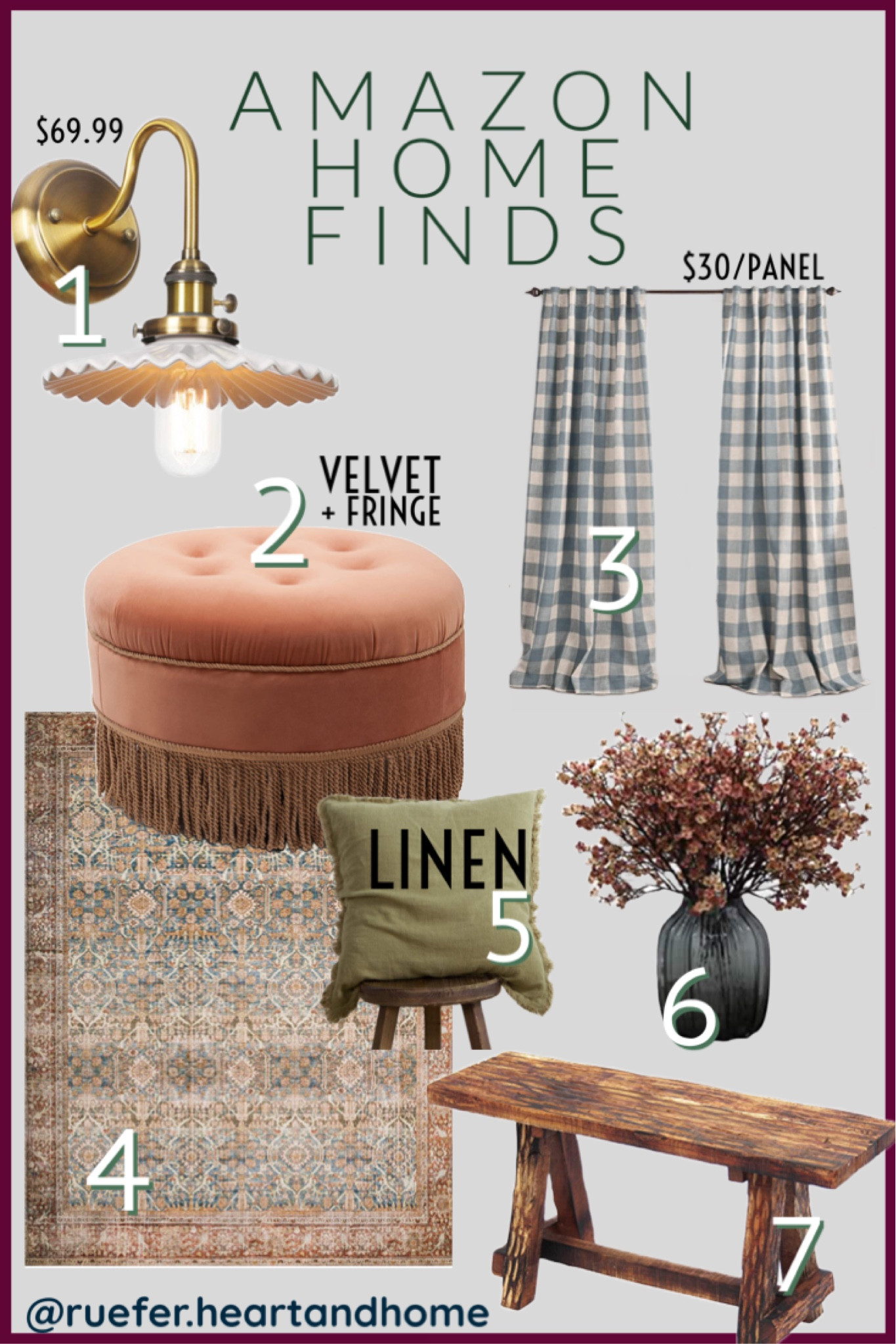 Amazon home decor, curtains, Buffalo check panels, drapes, velvet ottoman, faux floral stems, Loloi rug, linen pillows, throw pillow, sconce, gold lighting, wood bench, wood stool

#LTKunder100 #LTKFind #LTKhome