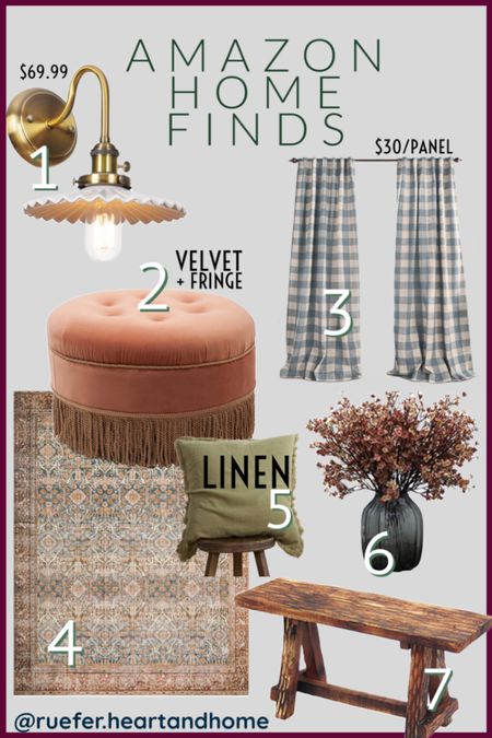Amazon home decor, curtains, Buffalo check panels, drapes, velvet ottoman, faux floral stems, Loloi rug, linen pillows, throw pillow, sconce, gold lighting, wood bench, wood stool

#LTKunder100 #LTKFind #LTKhome