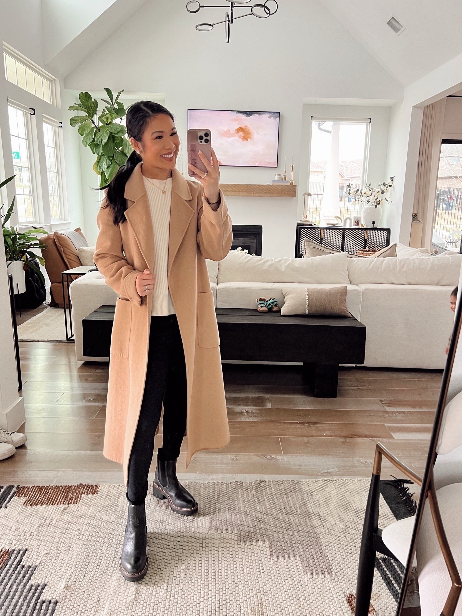 Winter outfit with wrap wool blend coat that I love! So comfy and keeps you warm. cashmere sweater in size XXS, black leggings in size XXS  Styled with the best booties

#LTKootd #LTKSeasonal