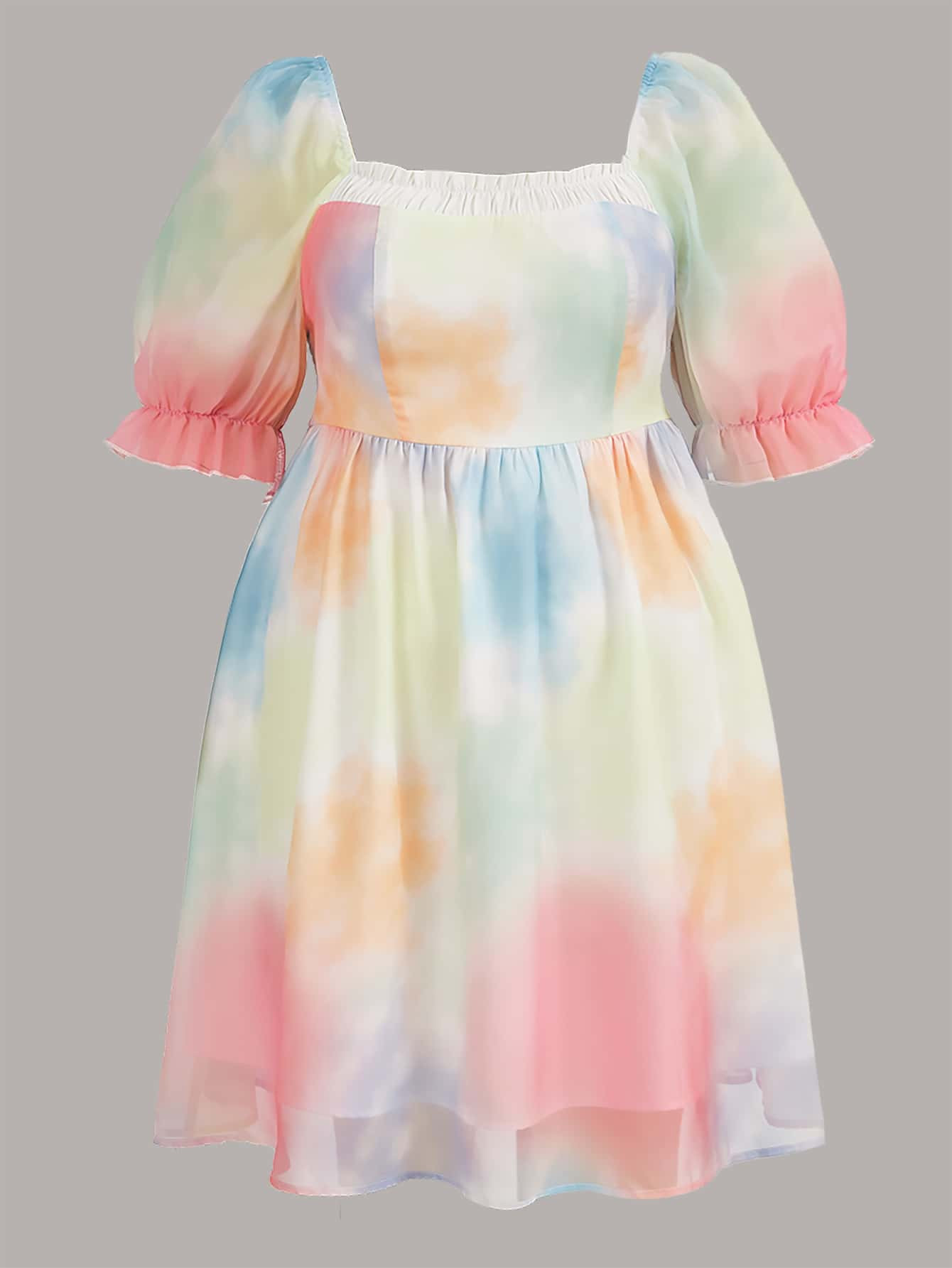 Plus Tie Dye Square Neck Puff Sleeve Dress | SHEIN