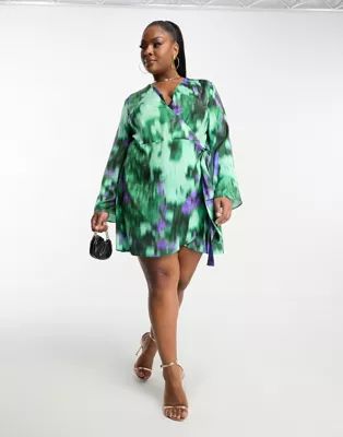 ASOS DESIGN Curve Exclusive satin wrap mini dress with tie waist in blurred abstract print | ASOS (Global)
