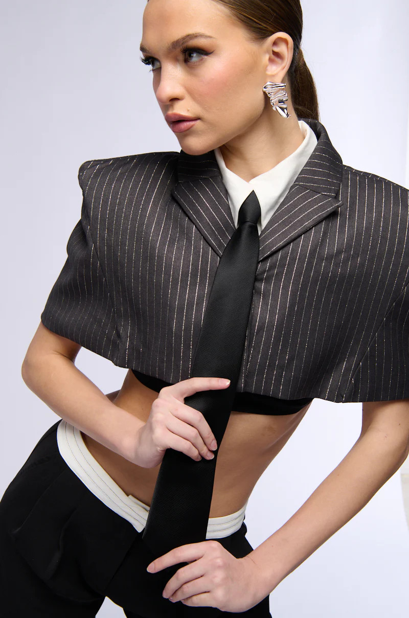 BEST IN BUSINESS PINSTRIPE CROP TIE TOP | AKIRA