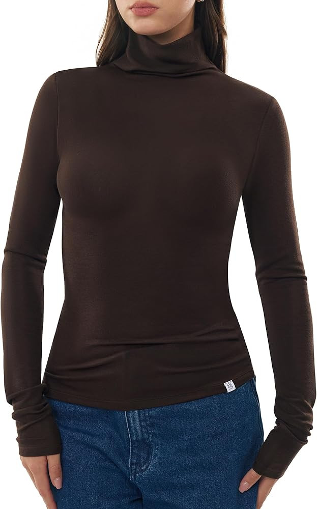 Women's Turtleneck Long Sleeve Merino Wool Blend Shirts Fitted Going Out Tops Basic Tees Cozy Emb... | Amazon (US)