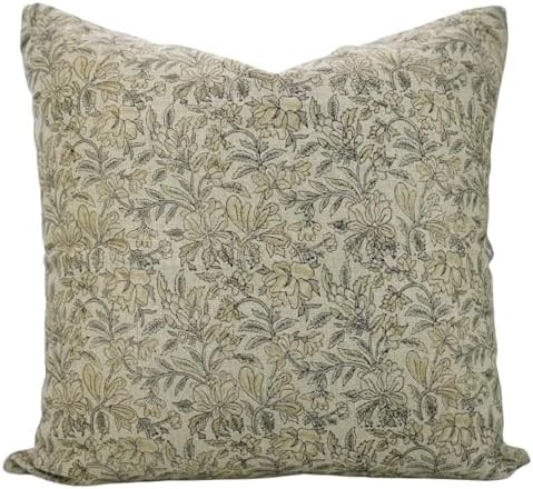 Elegant Handmade Nature-Inspired Block Floral Print Thick Linen 24x24 Inch Throw Pillowcase Cushi... | Amazon (US)