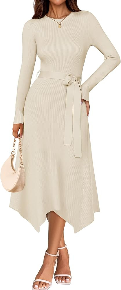 ZESICA Long Sleeve Sweater Dresses for Women 2026 Fall Winter Crewneck Ribbed Knit High Waist Mid... | Amazon (US)