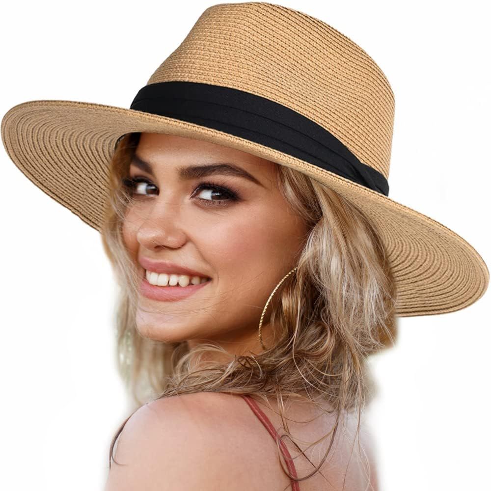 Panama Hat for Women Men,Raffia Straw Sun Hat Summer Beach Hats Wide Brim Fedora Foldable Vacatio... | Amazon (US)