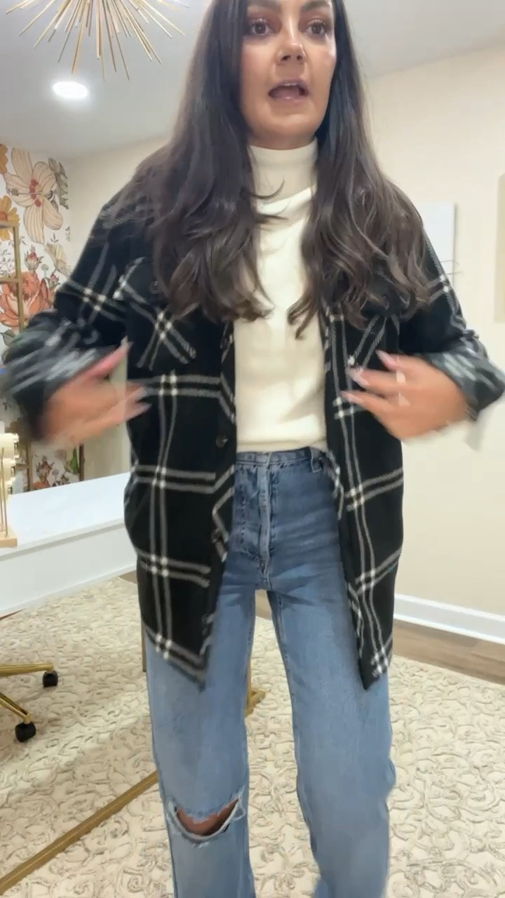 NSALE // Black plaid shacket in an xs. Sweater is a small and jeans are a 26