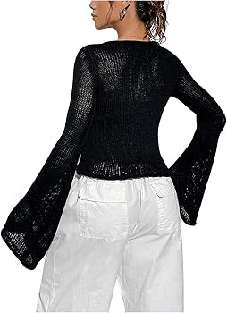 GORGLITTER Women's Crochet Sweaters Flare Long Sleeve Crewneck Sheer Mesh Sweater Tops | Amazon (US)