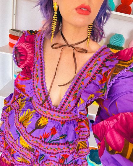 Fall transitional outfit 🍂🌸

Champagne wears a multicolored purple pink floral midi dress with poof sleeves and ruffles lace bows, brown knee high boots, gold snake earrings.

Dopamine dressing colorful vibrant eclectic maximalist maximalism rainbow multicolored colored hair style fashion inspo color fall

#LTKHoliday #LTKSeasonal #LTKstyletip