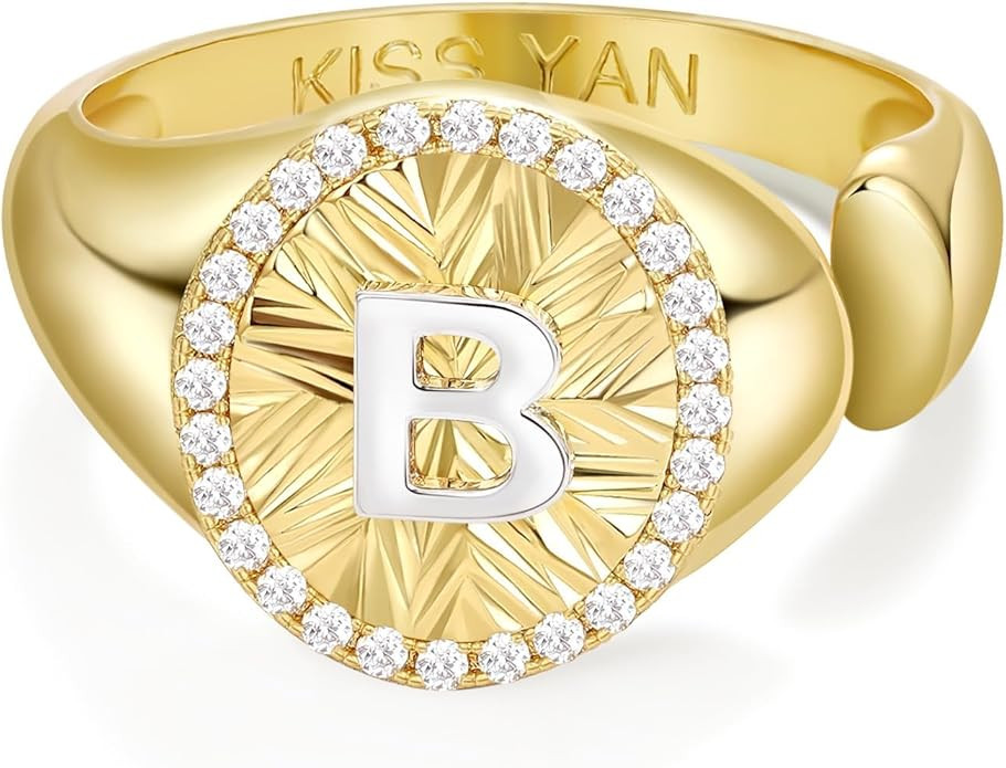 KissYan Initial Ring for Women,14K Gold Plated Adjustable CZ Halo Monogram Signet Letter Ring, Ta... | Amazon (US)