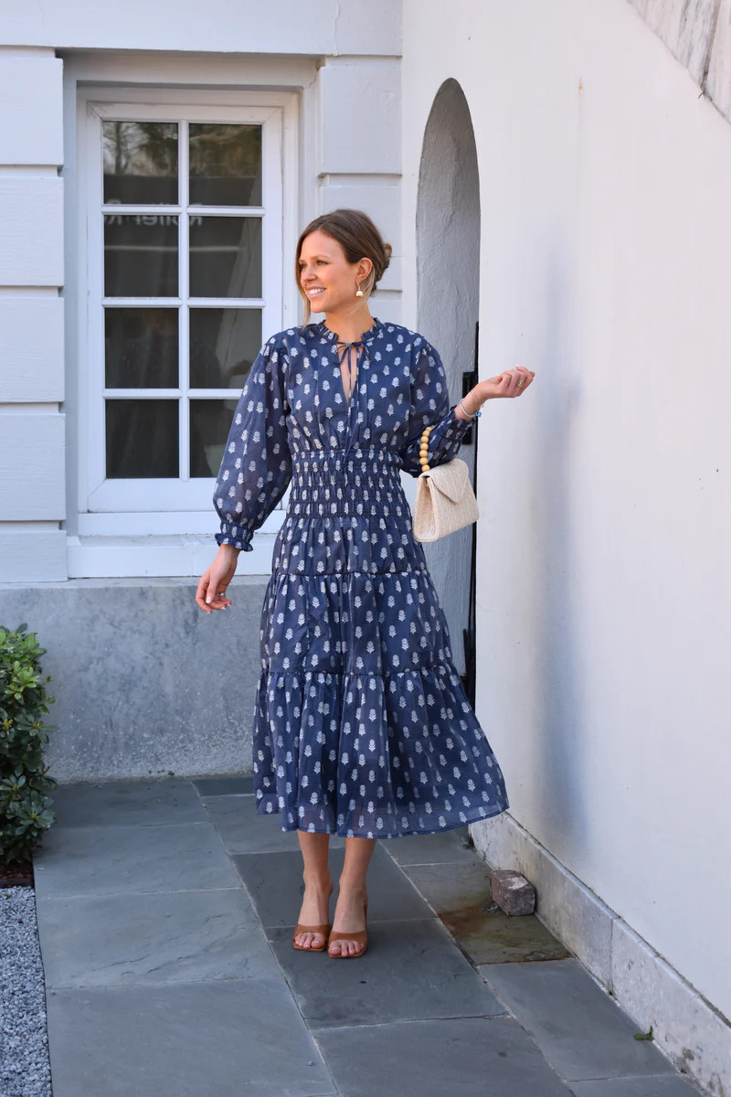 Jacqui Midi Dress Navy Cotton Silk | Madison Mathews
