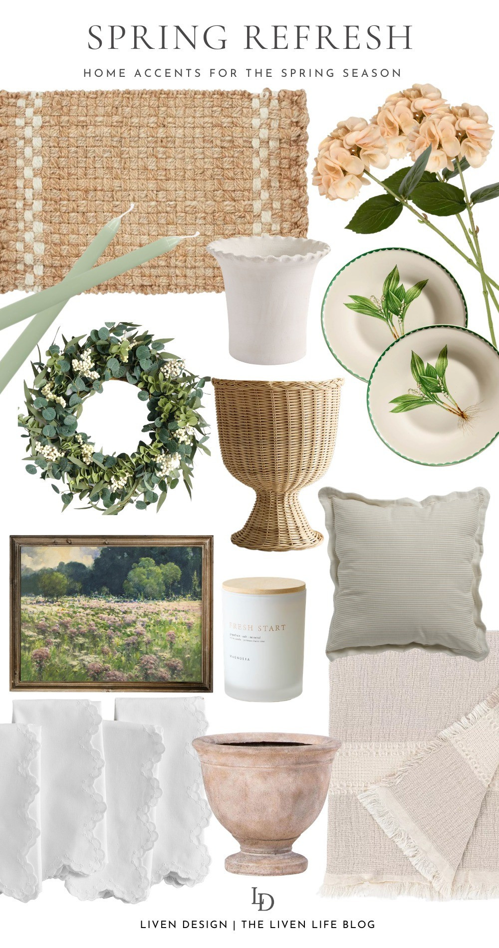 Spring refresh at home. Home decor. Doormat. Wreath. Planters. Rattan planter urn. Faux hydrangeas. Scalloped napkins. Throw pillows. Spring dinner plates 

#LTKSeasonal #LTKHome #LTKSaleAlert