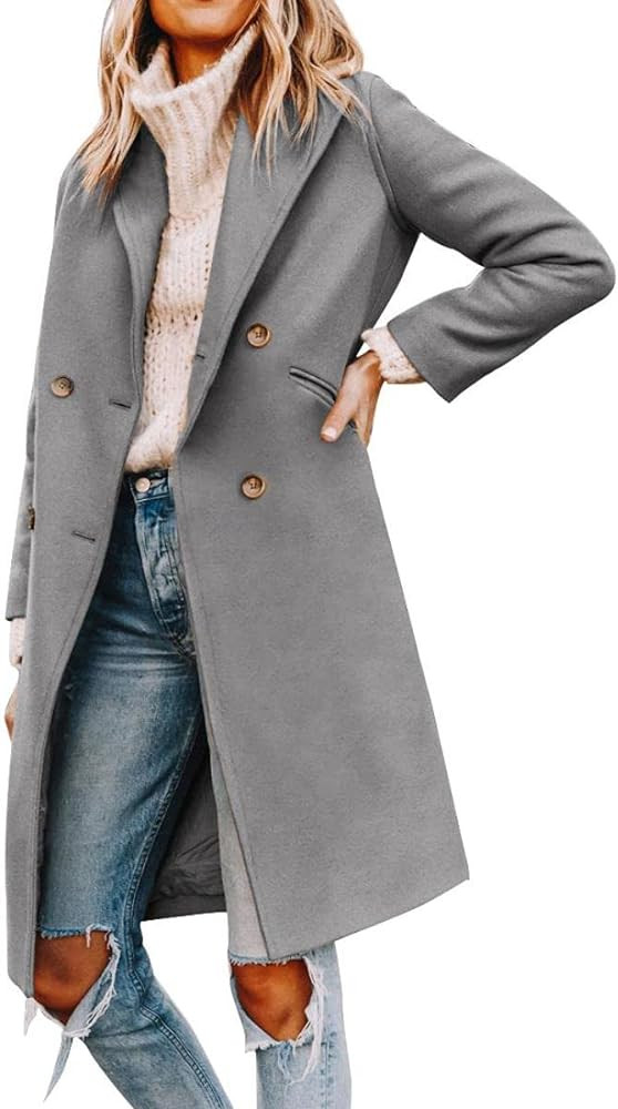 Yousify Womens Notched Lapel Collar Double Breasted Pea Coat Winter Wool Blend Over Coats Long Ja... | Amazon (US)