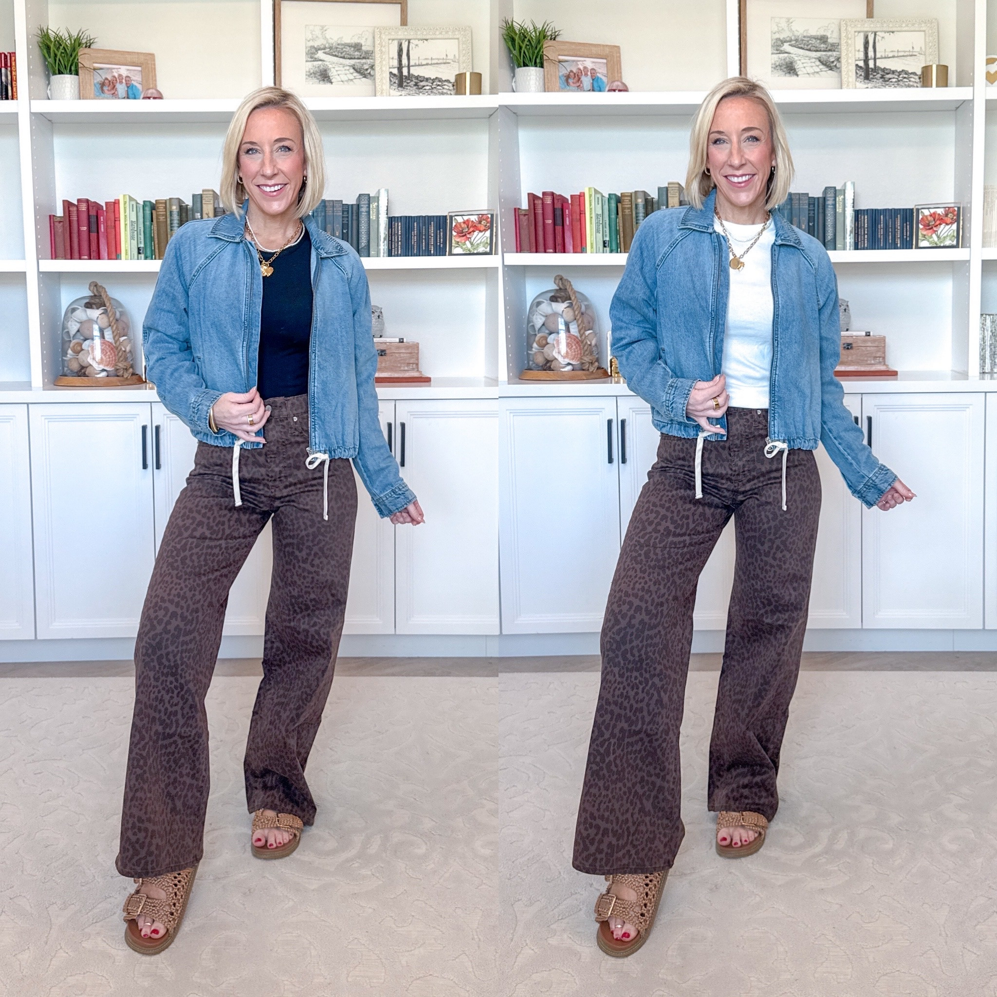 Leopard Jean - 1 pair - 6 easy outfits. High Rise Leopard Print Wide-Leg Jeans - I’m wearing a size 25, regular length, but I want to order the size 25 (wasn’t in store) and in the short length. Currently 60% off PLUS an extra 10% off in cart! (now $32.40!). Black T-Shirt - size small.  Denim Bomber Jacket - size XS. $36.  White Ribbed T-Shirt - size small. 

 

#LTKootd #LTKOver40 #LTKSaleAlert