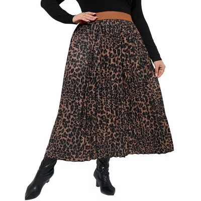 Plus Size Women's Pleated Skirt Elastic Waist Scarf Print Midi Skirt (Leopard, 3XL) | Target