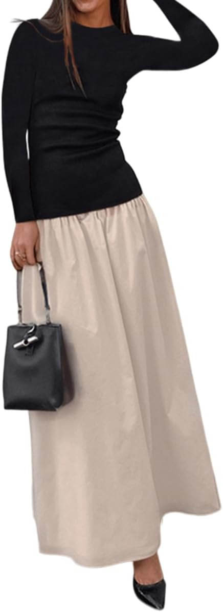 YOXUA Women's Long Sleeve Patchwork A-Line Long Maxi Dress Fall Winter Beach Maxi Dress | Amazon (US)