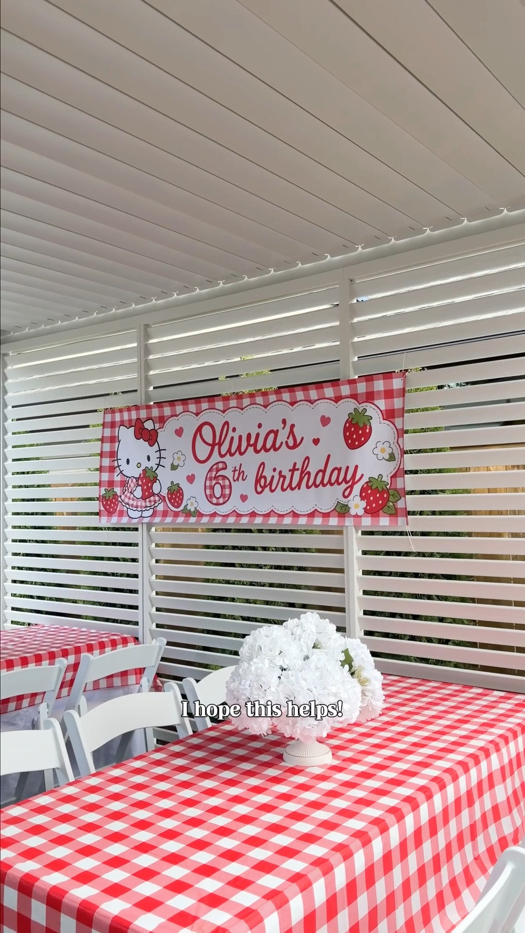 HOW TO MAKE THE VIRAL CUSTOM BANNERS! 🍓❤️You can make these at Walgreens or CVS for under $20 for any party or occasion. They always have codes and sales going on so I just pick the store that has a better deal. #bannerprinting #bannerdesign #partydecoridea

Tables, chairs, tablecloth, string, hole punch, Pergola, hydrangeas

#LTKsummer #LTKhome #LTKkids