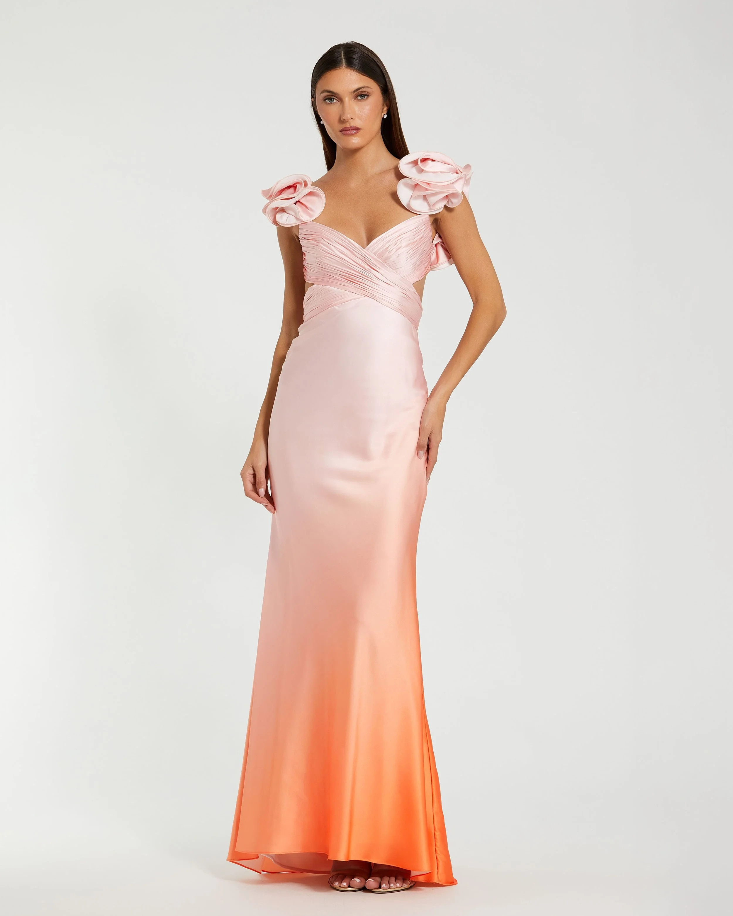 Pink and Orange Charmeuse Ruffle Strap Crossover Ombre Gown | Mac Duggal