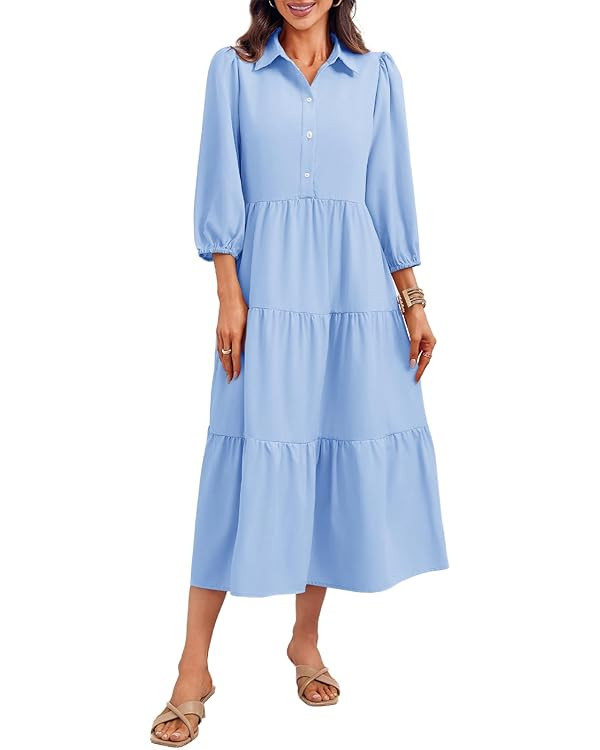 Wenrine Womens Casual 3/4 Sleeve Shirt Dress Button Down V Neck Tiered Collared Flowy Maxi Dress | Amazon (US)