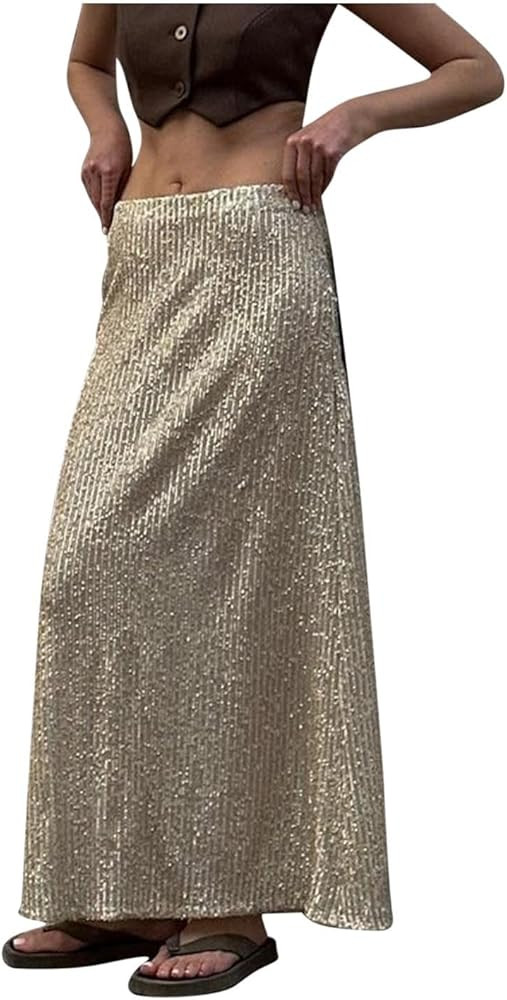HGps8w Shiny Sparkly Sequin Maxi Skirt for Women Sexy Glitter High Waist Stretch Long Skirts Nigh... | Amazon (US)
