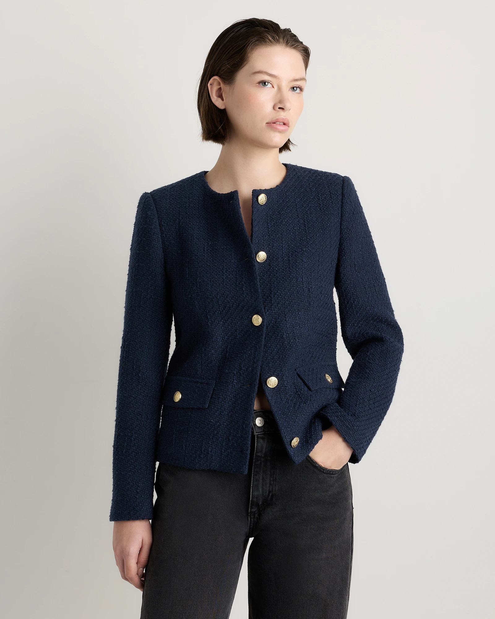 Tweed Collarless Jacket in Deep Navy | Quince