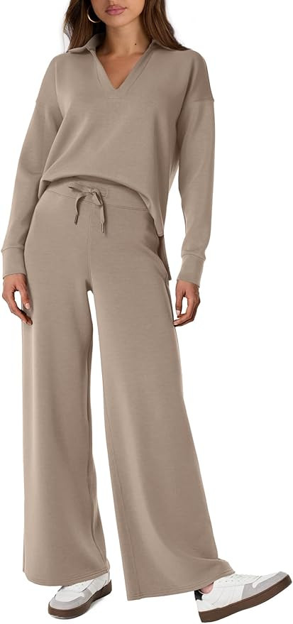 Glamaker Women's 2 Piece Sets Outfits Casual Long Sleeve Sweatsuits Polo Top and Wide Leg Pants M... | Amazon (US)