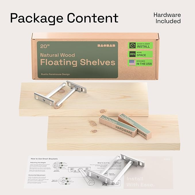 BAOBAB WORKSHOP Solid Wood Floating Shelves for Wall 20 Inch Wide, Wooden Shelf for Bathroom, Lig... | Amazon (US)