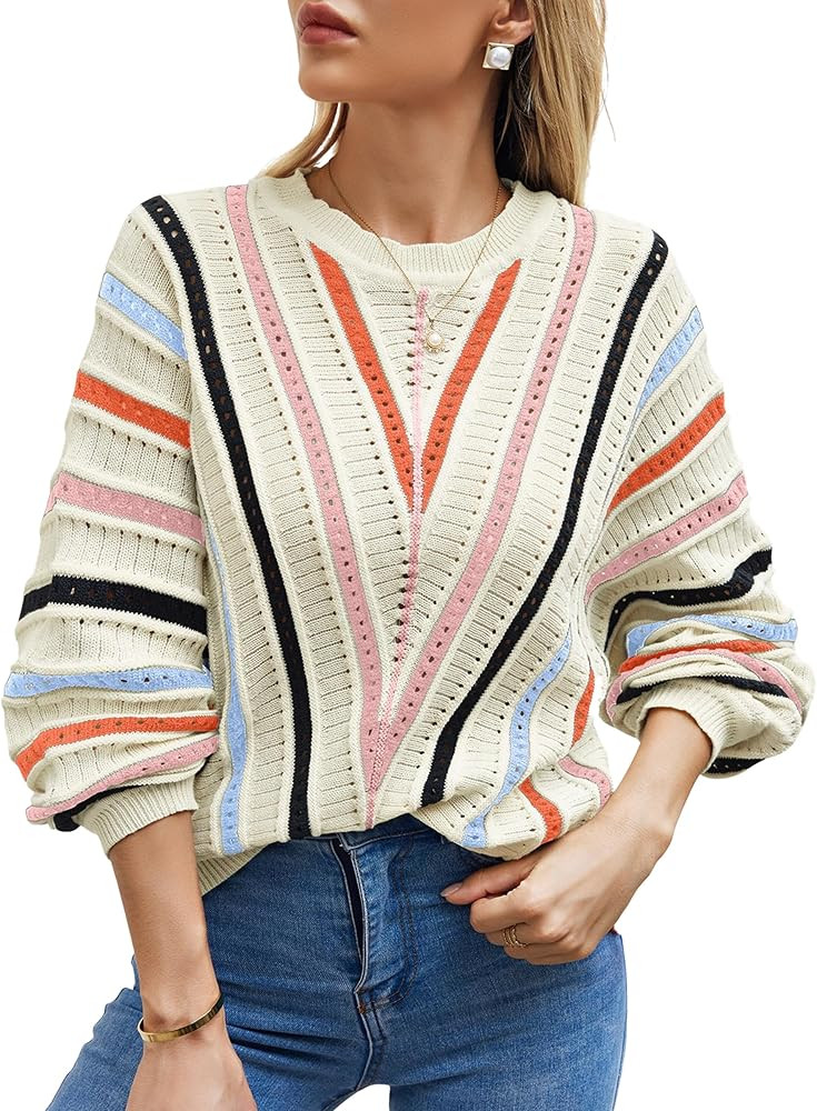 CCTOO Womens Striped Pullover Sweaters: Casual Color Block Crew Neck Long Sleeve Crochet Hollow O... | Amazon (US)