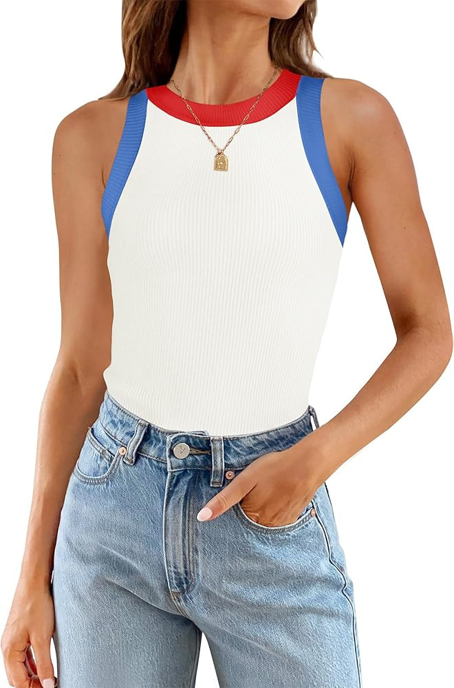 ZESICA Womens Summer Sleeveless Tank Tops Ribbed High Neck Racerback Slim Fitted Color Block Casu... | Amazon (US)