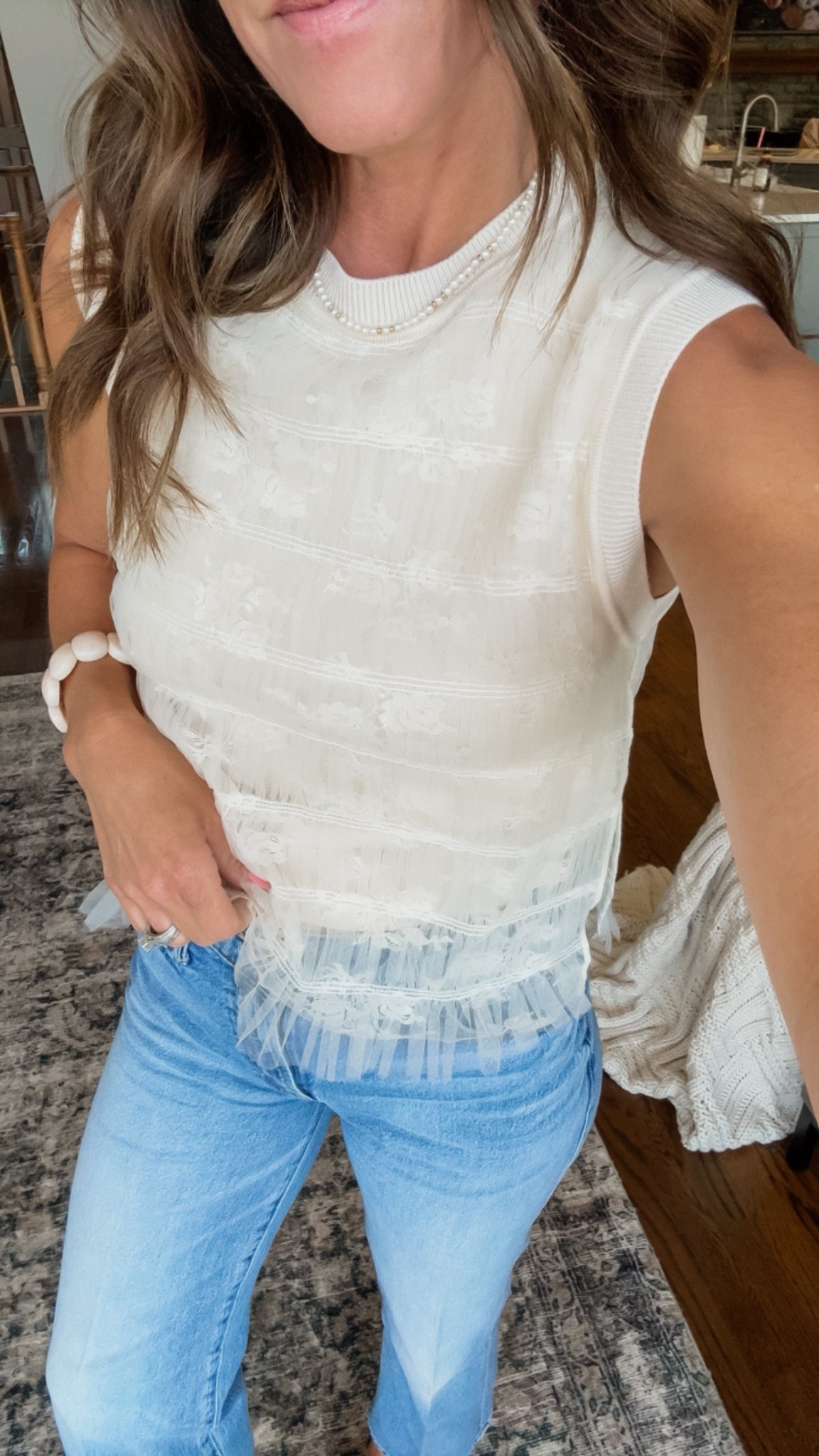 This top is stunning and so unique! Wear casual with a sandal and jeans or a dressy look with ivory wide leg pants. 
Small in top
Jeans tts, 25 regular 
Jelly Heels tts

#LTKOver40 #LTKSeasonal #LTKmomlife