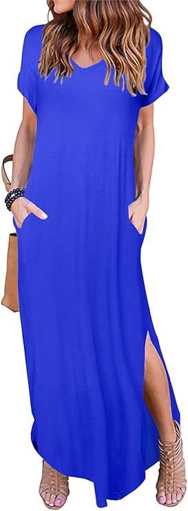 HUSKARY Women's Summer Maxi Dress Casual Loose Pockets Long Dress Short Sleeve Split Maxi Dresses | Amazon (US)