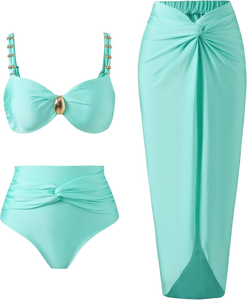 Women's One Piece Swimsuit with Cover up Set Beach Wrap Skirt Retro Bikini Set Two Piece Bathing ... | Amazon (US)