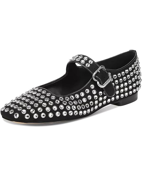 olomisa Rhinestones Ballet Flats for Women, Sparkly Mary Jane Flats Ballerina Square Toe Buckle S... | Amazon (US)