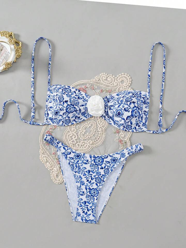 SHEIN Swim Vcay Holiday Flower Printed Bikini Set With 3D Floral Embellishment,Summer Beach | SHEIN