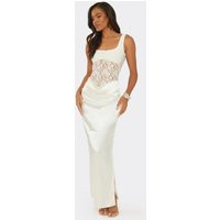 Sleeveless Lace Panel Draped Maxi Dress In Cream Satin, Women's Size UK 4 | EGO (UK)