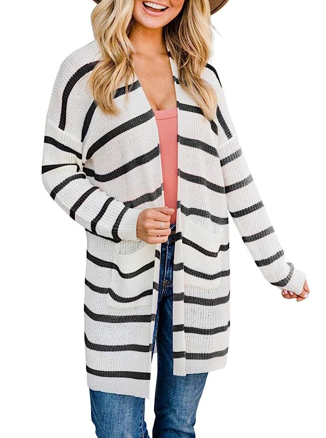 Women's Striped Cardigan with Pockets Lightweight Open Front Colorblock Loose Knit Sweaters | Amazon (US)