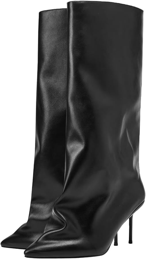 Fold Over Boots For Women Shark Toe Knee High Boots Pointed Toe Stiletto Heel Knee High Boots Slo... | Amazon (US)