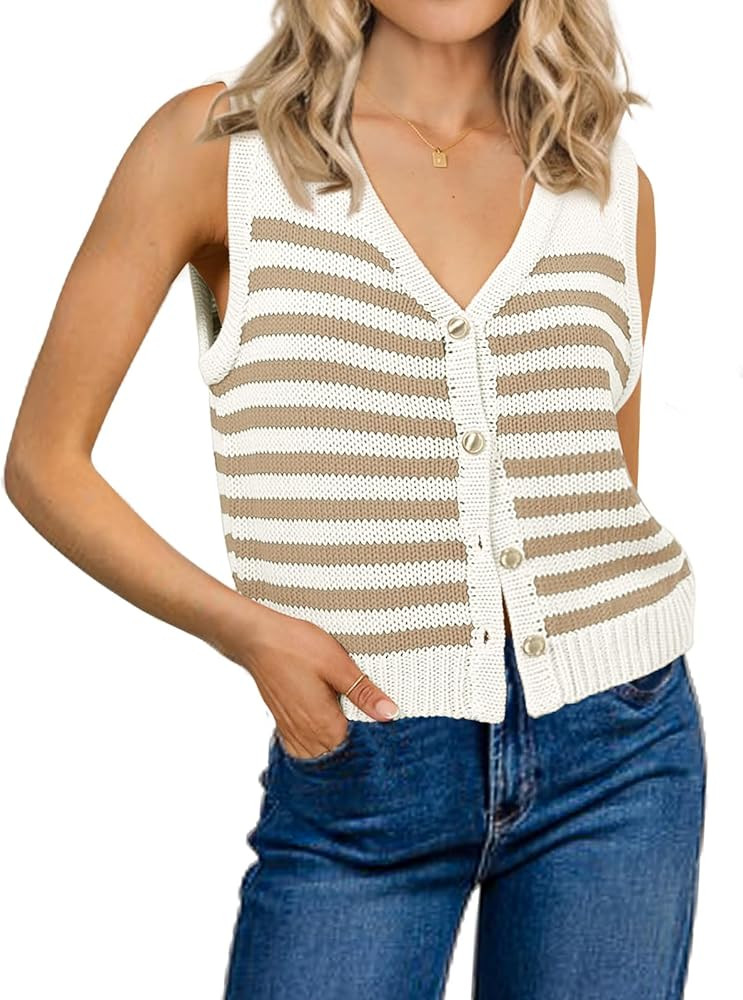 Womens Striped Sweater Vest Sleeveless Ribbed Tank Tops Color Block 2026 Trendy Button Down Shirt... | Amazon (US)