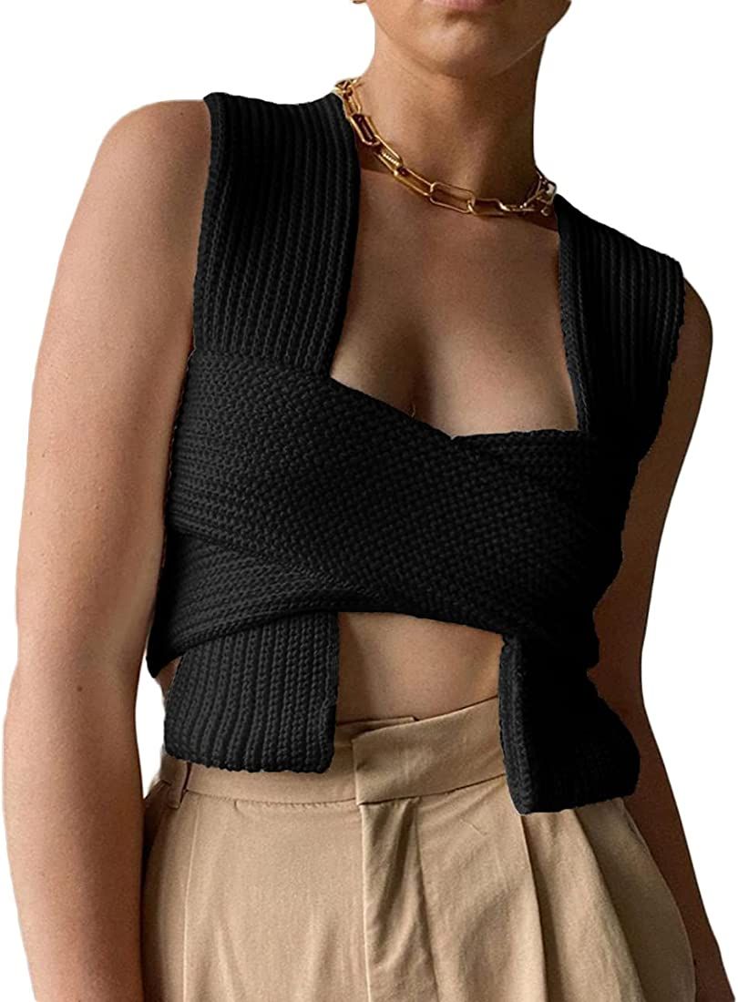 Lucky2Buy Sweater Vest for Women Sleeveless Crop Knitwear Casual Strappy Backless Tank Top Street... | Amazon (US)