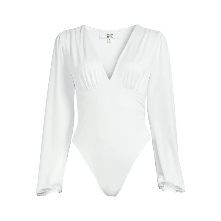 Madden NYC Women's Deep V-Neck Bodysuit with Blouson Sleeves, Sizes XS-XXXL | Walmart (US)