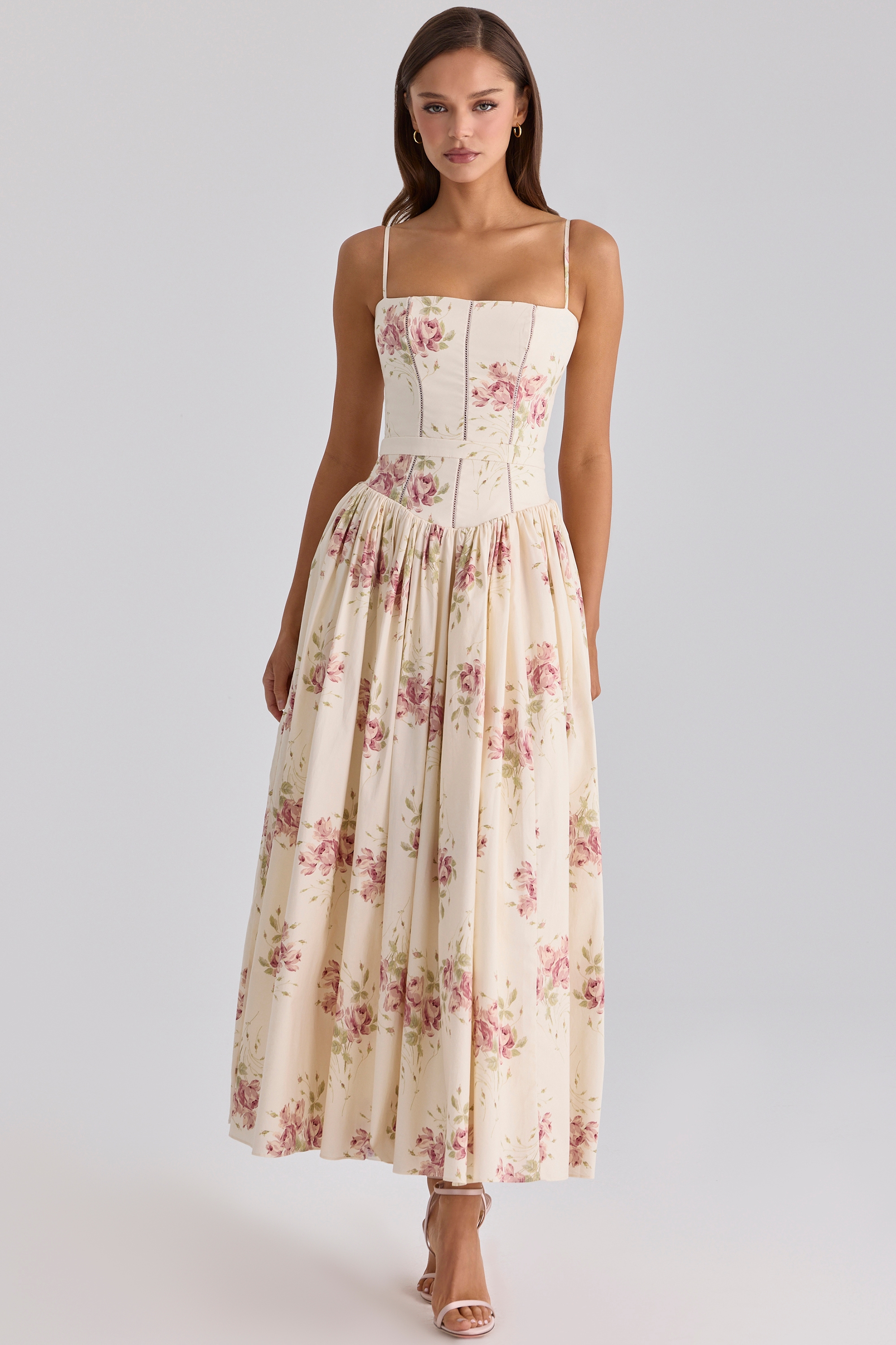 ivory vintage rose print cotton midi sundress | House of CB