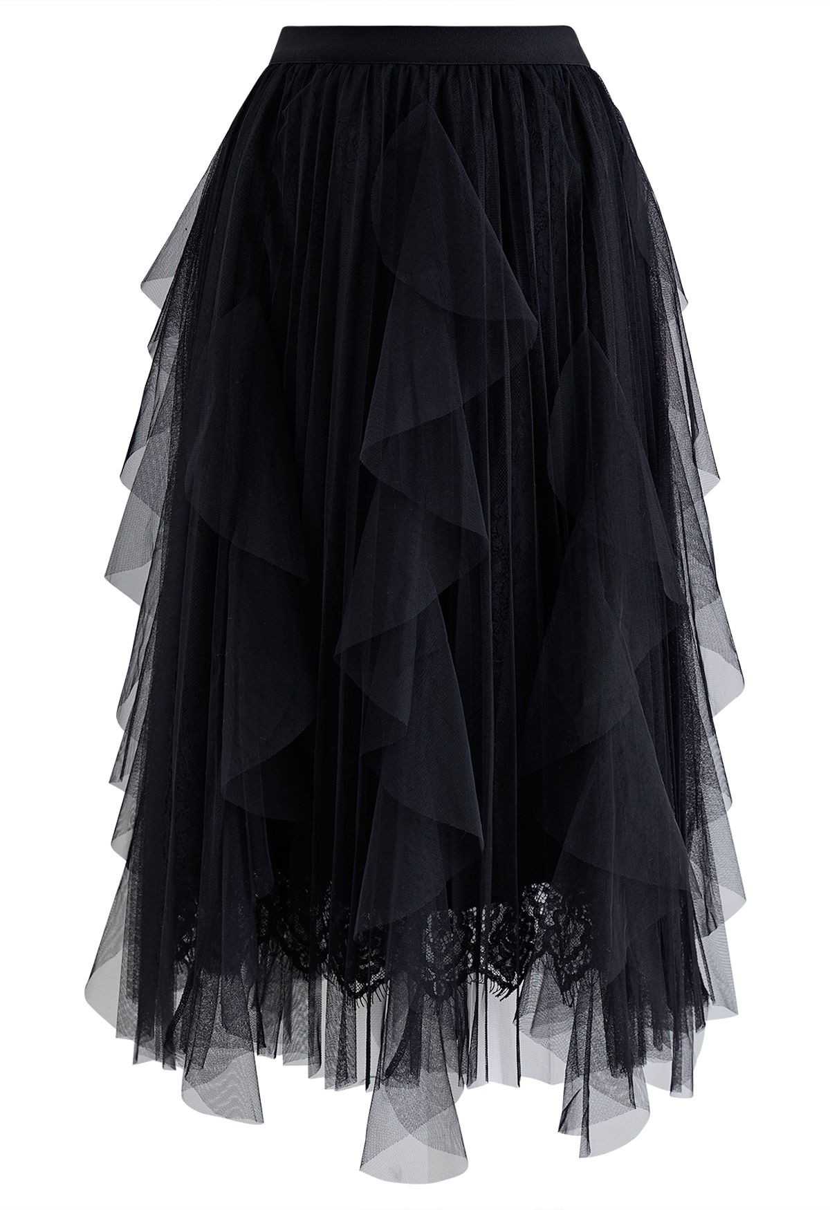 Floral Lace Ruffle Mesh Tulle Skirt in Black | Chicwish