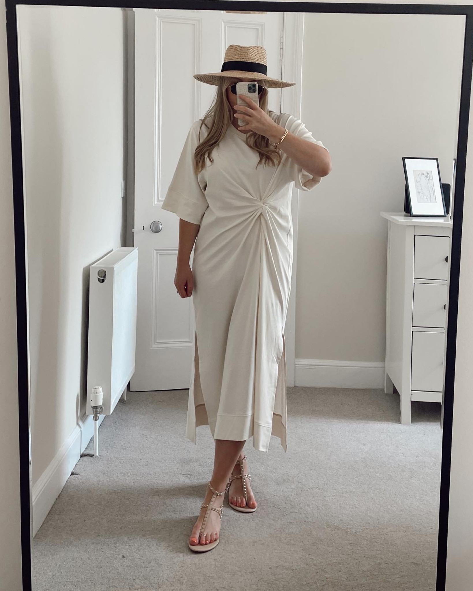 Neutral summer outfit with H&M cream tshirt dress styled with neutral sandals and big straw hat! Perfect summer look

#LTKfit #LTKeurope #LTKSeasonal