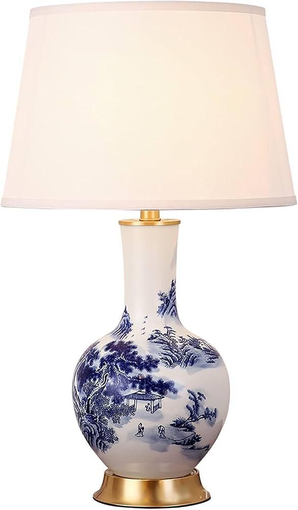 PURESILKS Blue and White Table Lamp Chinoiserie lamp Traditional Fabric Lampshade and Ceramic Lam... | Amazon (US)