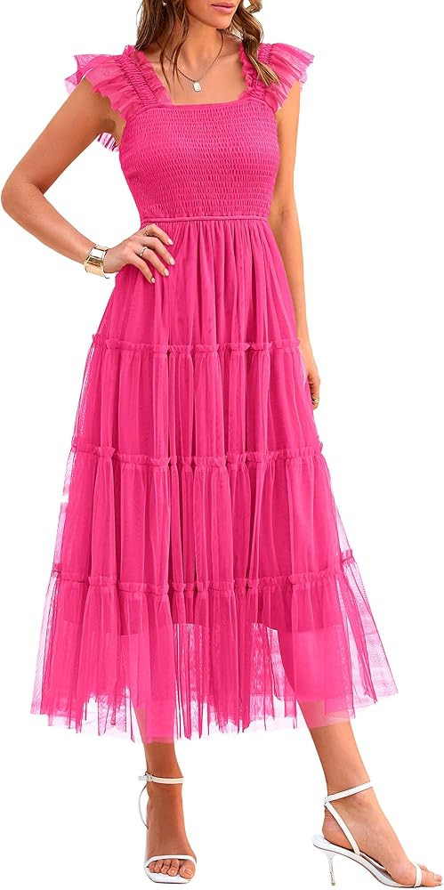 PRETTYGARDEN Women's 2024 Summer Midi Dress Casual Sleeveless Smocked Ruffle Tulle Flowy Beach Su... | Amazon (US)